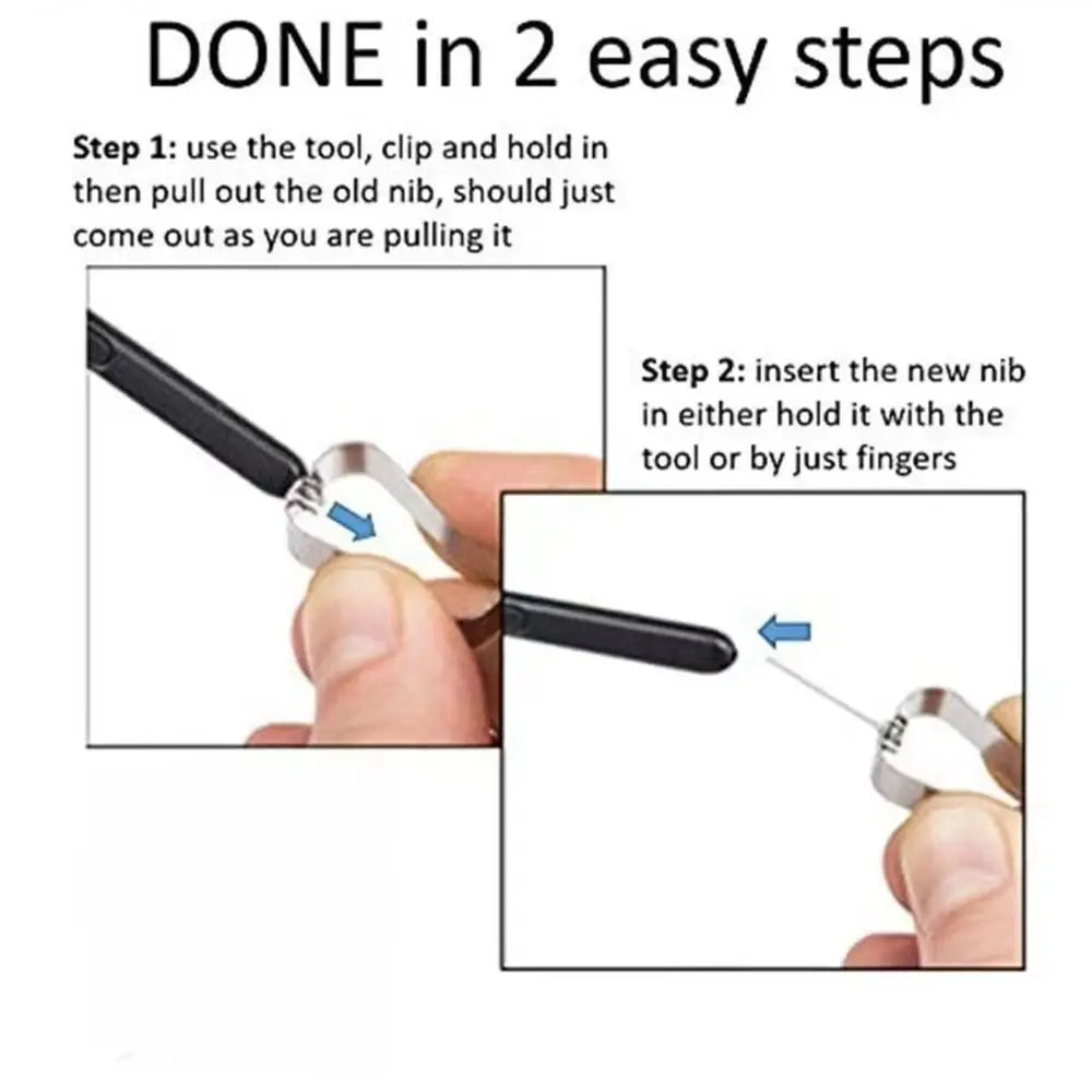 Step by step nib replacement showing tool pulling and inserting nib into stylus best stylus for Samsung Z Fold3