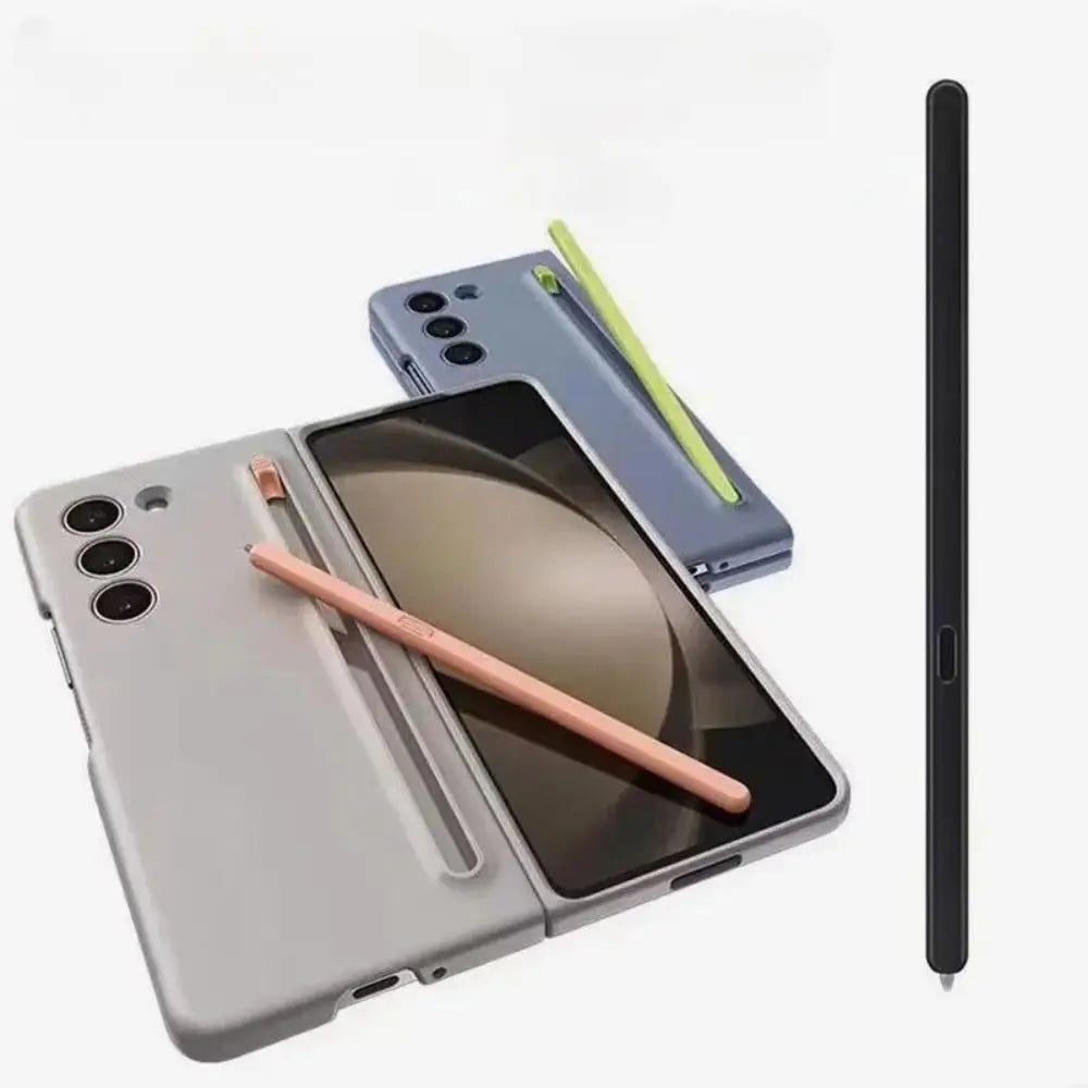 Stylusshop smartphone cases with integrated stylus slots and included pens shown in gray with rose gold and blue with lime