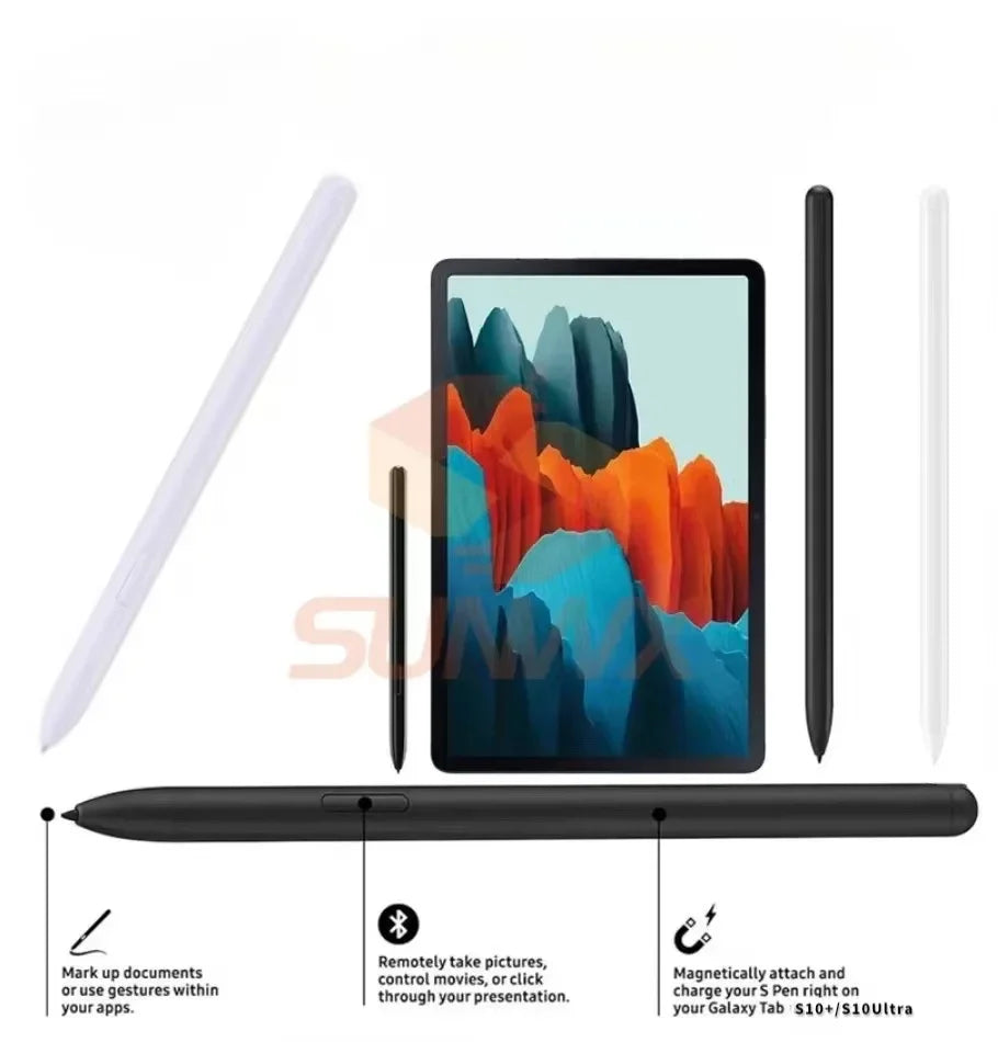 Galaxy Tab S10 Bluetooth stylus pen shown in black and white with tablet and features for marking, remote control, and magnetic charging