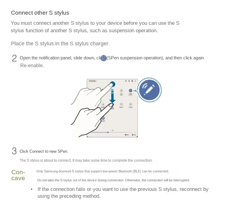 Instruction manual showing how to connect Galaxy Tab S10 Bluetooth stylus pen with device using notification panel