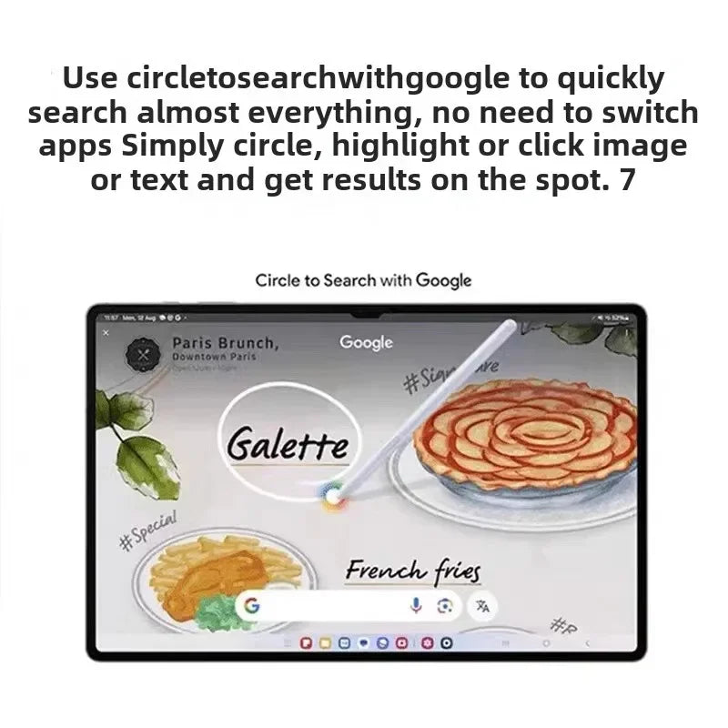Galaxy Tab S10 Bluetooth stylus pen highlighting text on tablet screen with food images and Google search feature