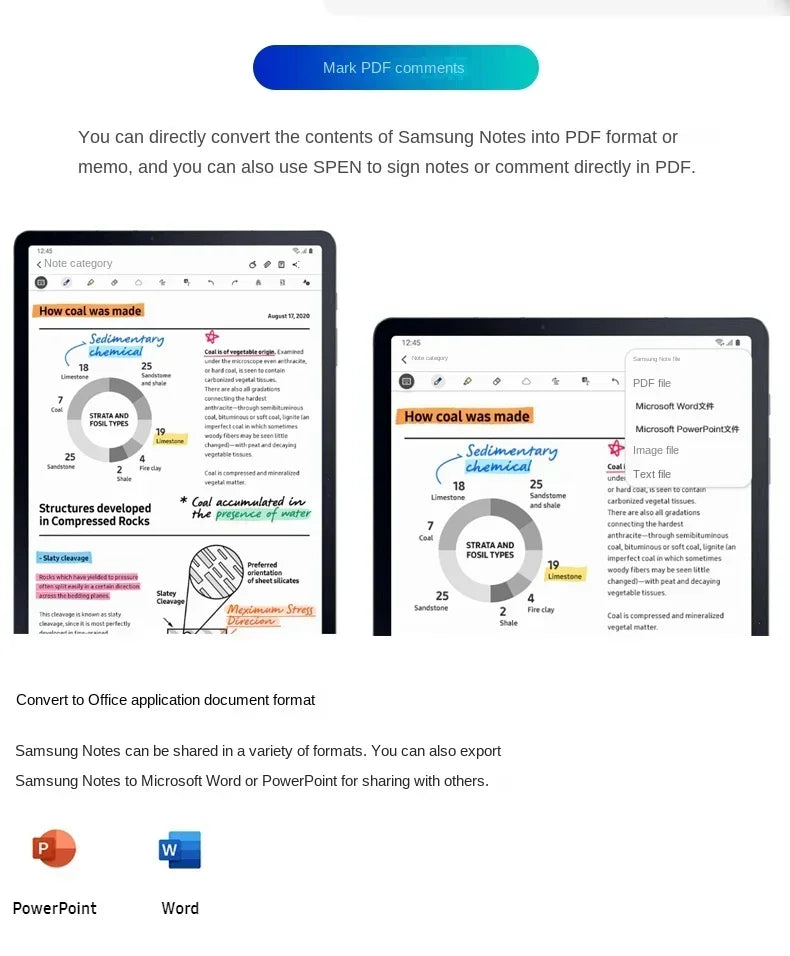 Galaxy Tab S10 Bluetooth stylus pen used for marking PDF comments and converting Samsung Notes to Office formats