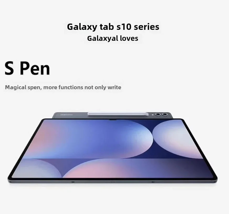 Galaxy Tab S10 Bluetooth stylus pen placed on top of Samsung Galaxy Tab S10 tablet with screen on