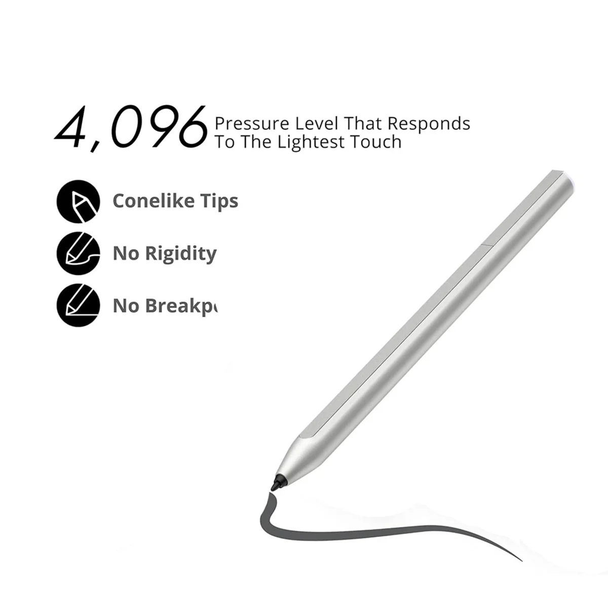 Stylusshop silver digital pen drawing a line showing 4096 pressure levels and conelike tips HP Chromebook compatible stylus