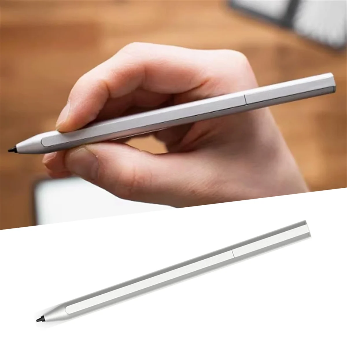 Slim silver stylus held in hand for drawing and note taking HP Chromebook compatible stylus from Stylusshop